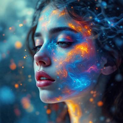 The primary subject of the image is a woman with a blue and orange background. The visual style appears to be a digital art or illustration, as the woman's face is painted with a blue and orange color scheme. The setting is a blue background, which adds to the overall mood of the image.